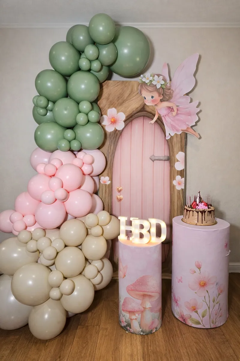 Decoración temática de hadas con globos en verde y rosado